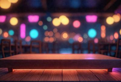 The primary subject of the image is a wooden bench with a light underneath it, located in a room with a bar. The setting is a bar or a similar establishment, with a backdrop of a stage with lights. The visual style is a digital art or illustration, creating a vibrant and lively atmosphere. The dominant colors are the wooden bench, the light, and the stage lights, which contribute to the overall mood of the scene.